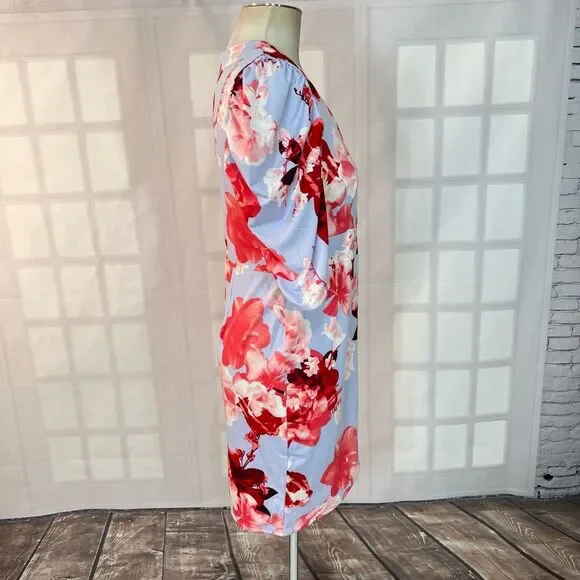 Venus light blue floral short puff sleeve grommet cutout waist summer party dres - Picture 6 of 13